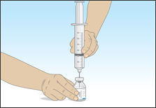 Demonstration of how to insert the needle in the vial
